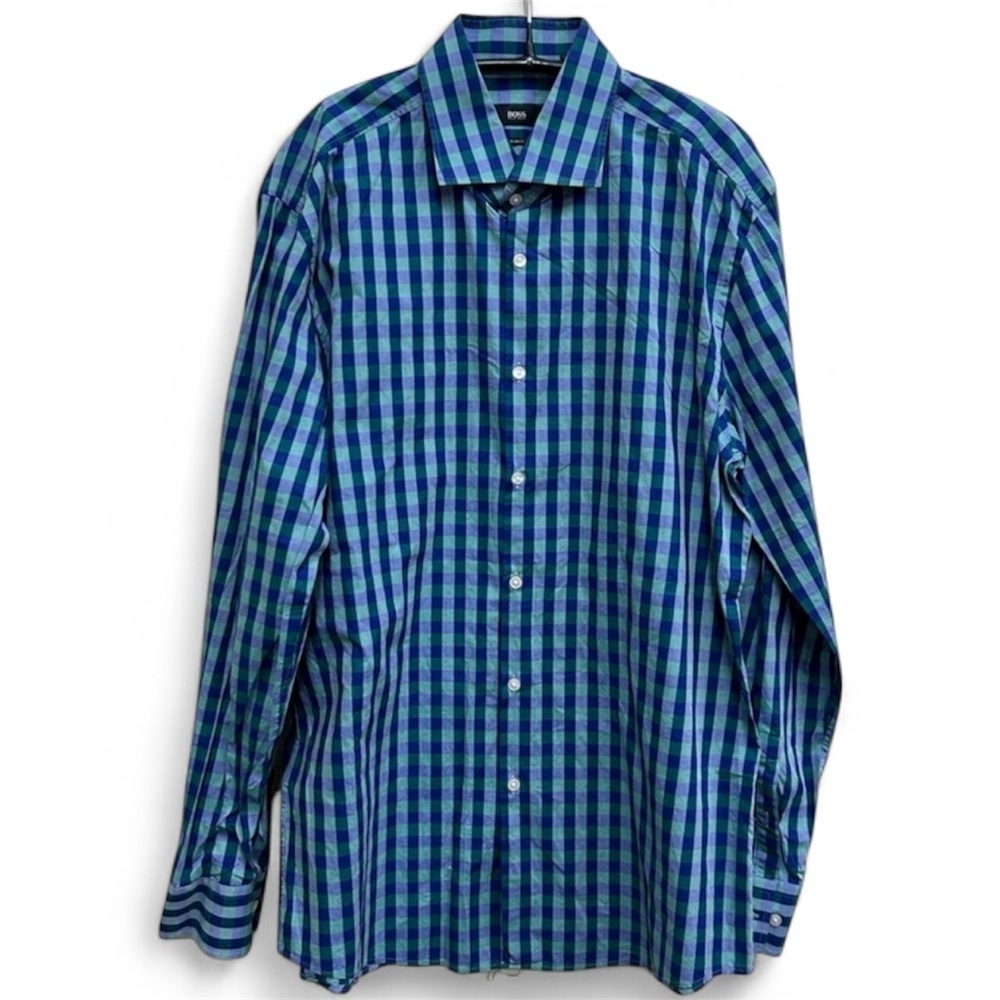 Hugo Boss Blue and Green Plaid Button Down Casual Shirt. Slim Fit